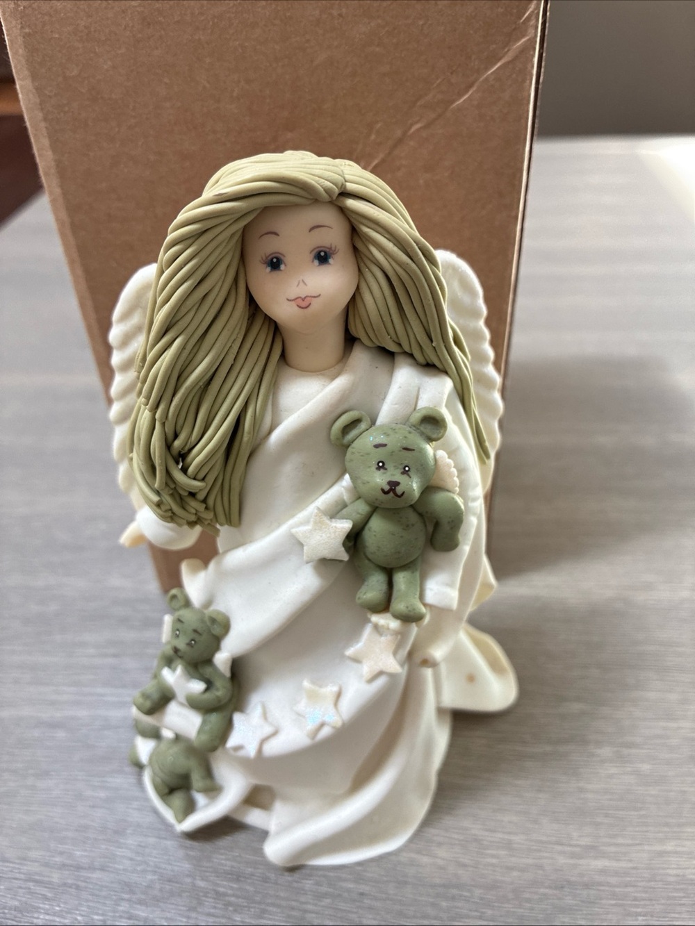 White‎ Angel Figurine with Sage Green Teddy Bears - Decorative Home Accent